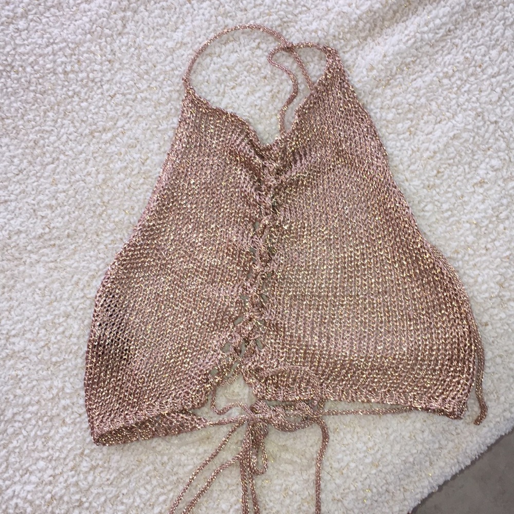 Knitted metallic halter top